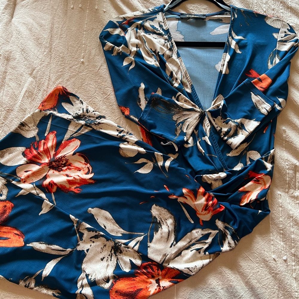 Blue Deep V Slit Dress